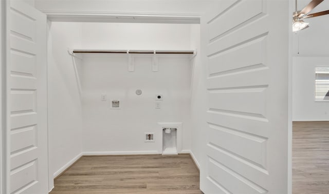 washroom with gas dryer hookup, ceiling fan, hookup for an electric dryer, and light hardwood / wood-style floors