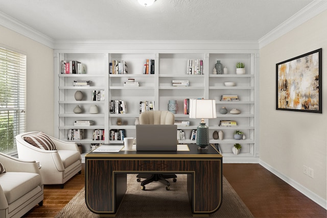 office area featuring a textured ceiling, crown molding, and dark hardwood / wood-style floors