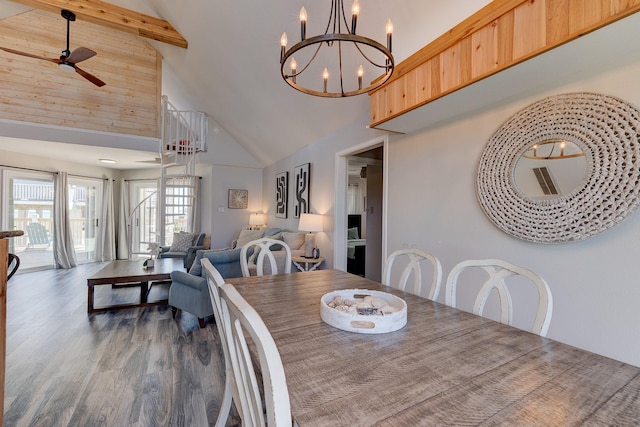 2332 Martinique, Crystal Beach, TX 77650 - dining area with high vaulted ceiling, a ceiling fan, wood finished floors, beamed ceiling, and a chandelier