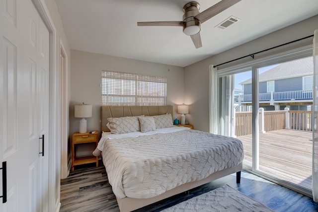 bedroom featuring access to outside, ceiling fan, and wood-type flooring