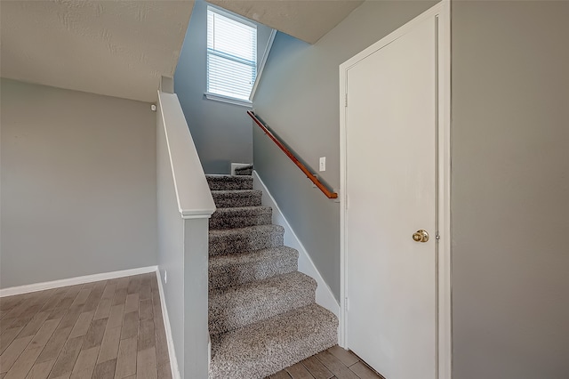 staircase with hardwood / wood-style flooring