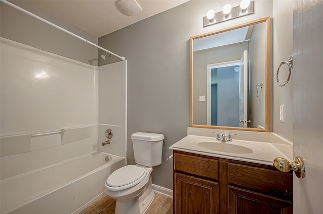 full bathroom with shower / washtub combination, tile patterned flooring, vanity, and toilet