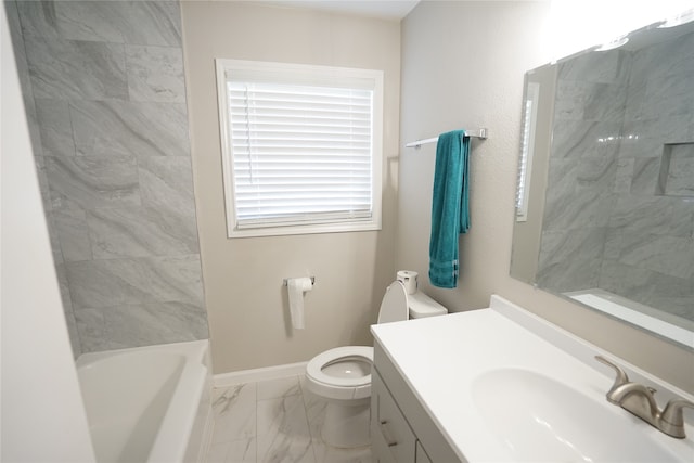 full bathroom with vanity, toilet, and tiled shower / bath