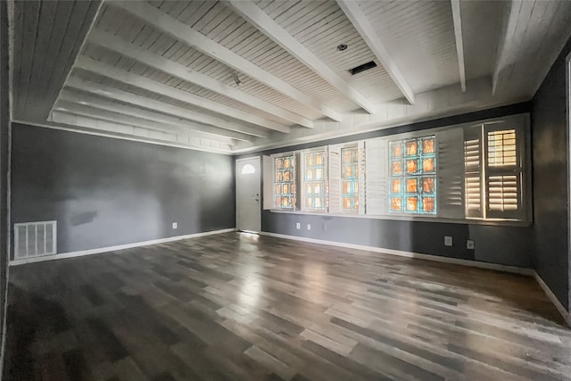 empty room featuring beamed ceiling, hardwood / wood-style floors, and wooden ceiling