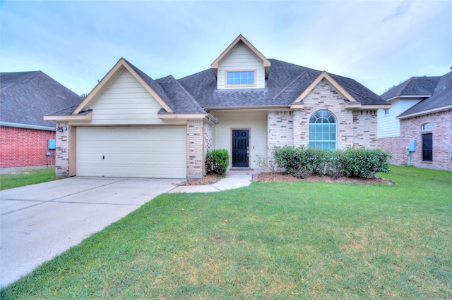 view of front facade featuring a front yard and a garage