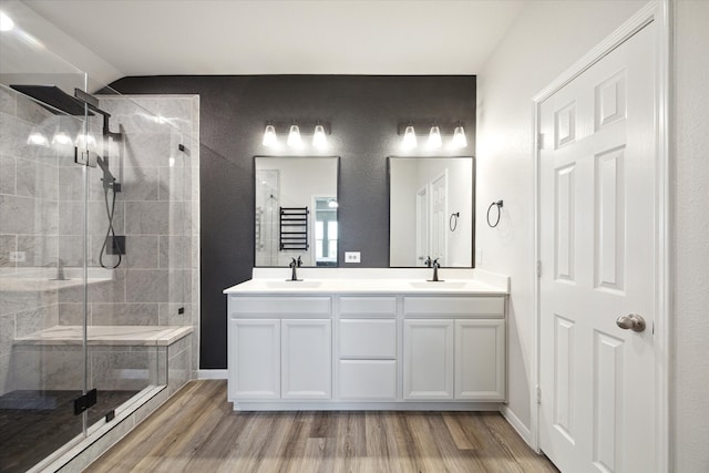 bathroom featuring vanity, hardwood / wood-style flooring, and walk in shower