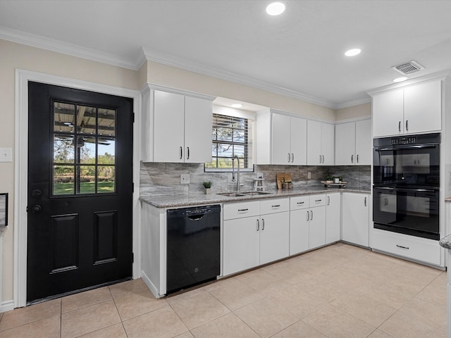 kitchen with backsplash, black appliances, sink, ornamental molding, and white cabinetry