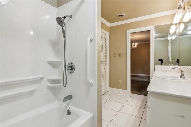 3301 Pelican St, Orange, TX 77630 - full bathroom featuring tub / shower combination, visible vents, crown molding, vanity, and tile patterned flooring