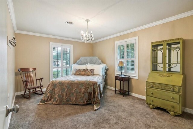 3301 Pelican St, Orange, TX 77630 - bedroom with ornamental molding, carpet, baseboards, a chandelier, and visible vents