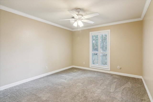 3301 Pelican St, Orange, TX 77630 - spare room with baseboards, crown molding, carpet, and a ceiling fan