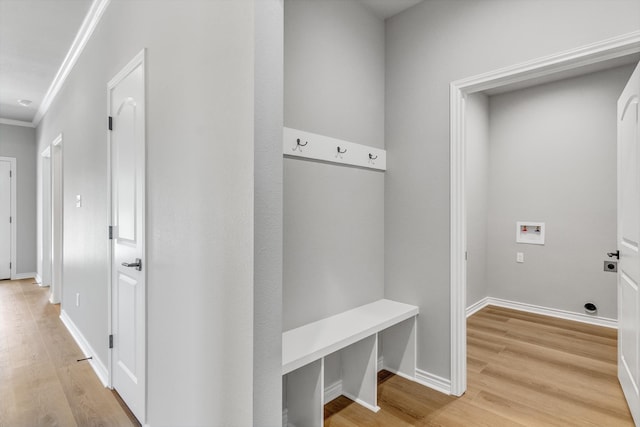 mudroom featuring crown molding and light wood-type flooring