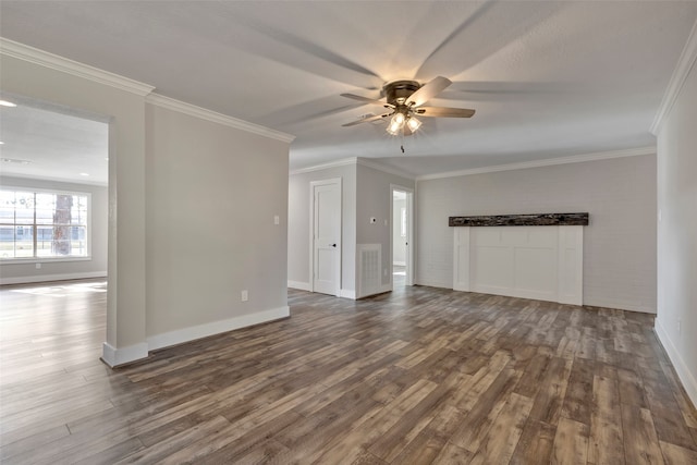 unfurnished living room featuring crown molding, dark wood-type flooring, and ceiling fan