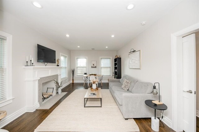 living room with dark hardwood / wood-style flooring