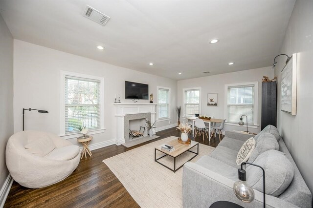 living room featuring a healthy amount of sunlight and dark hardwood / wood-style flooring