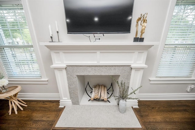 room details featuring a tiled fireplace and wood-type flooring