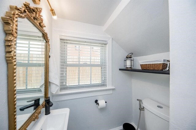 bathroom featuring toilet, lofted ceiling, and a wealth of natural light