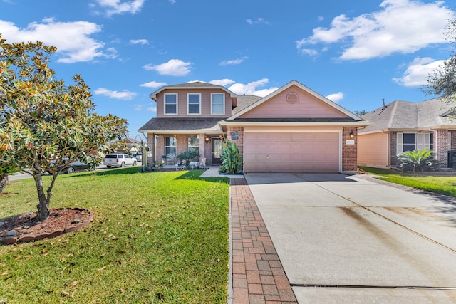 view of front of property featuring a garage and a front lawn