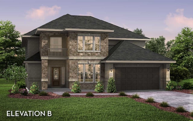 view of front of house with a yard, a garage, and a balcony