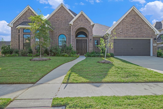 view of front of home featuring a front yard and a garage