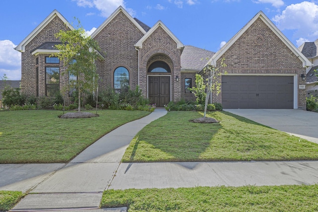 view of front of property with driveway, an attached garage, a front lawn, and brick siding