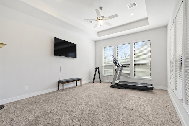 workout area featuring carpet, a raised ceiling, visible vents, and baseboards