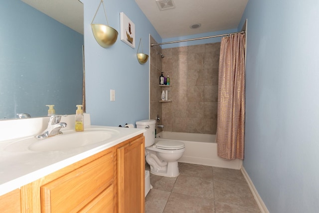 full bathroom with toilet, shower / bath combo with shower curtain, tile patterned flooring, and vanity