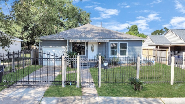 bungalow-style house with a front yard and a garage