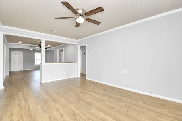 unfurnished living room with light hardwood / wood-style floors, ornamental molding, and ceiling fan