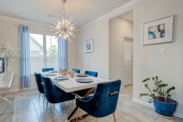 tiled dining area with crown molding and a notable chandelier