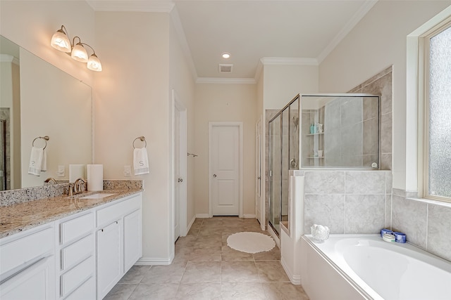 bathroom featuring vanity, shower with separate bathtub, tile patterned flooring, and ornamental molding