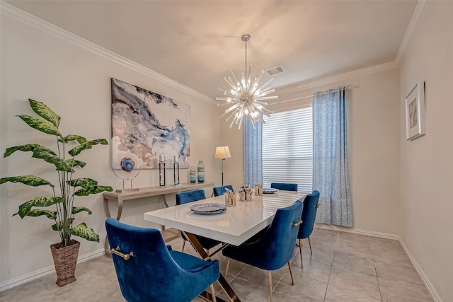 dining room with an inviting chandelier, crown molding, and light tile patterned floors