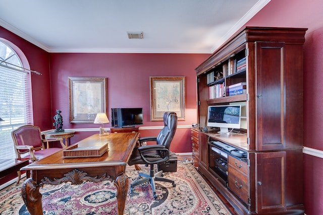 office area with a wealth of natural light and crown molding