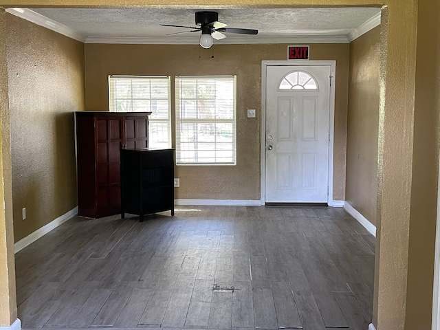 entryway featuring ceiling fan, crown molding, and dark hardwood / wood-style flooring