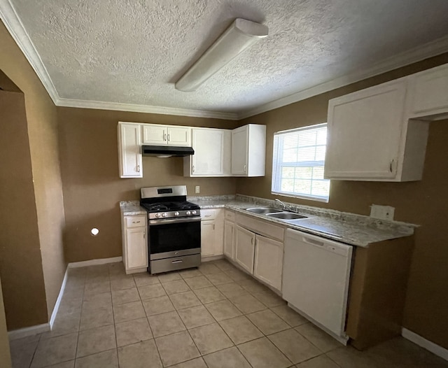 kitchen with dishwasher, sink, white cabinets, stainless steel range with gas stovetop, and ornamental molding