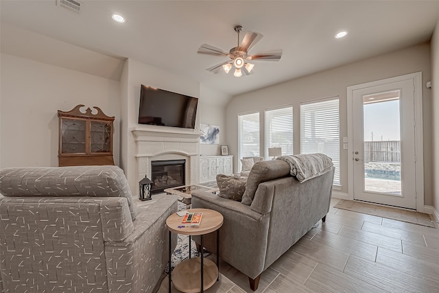 living room featuring ceiling fan