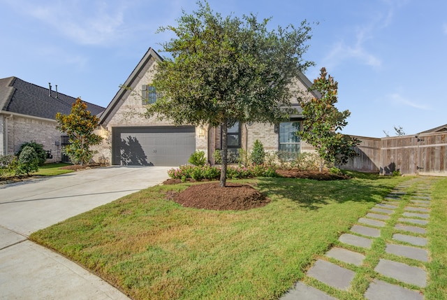 view of property hidden behind natural elements featuring a garage and a front yard