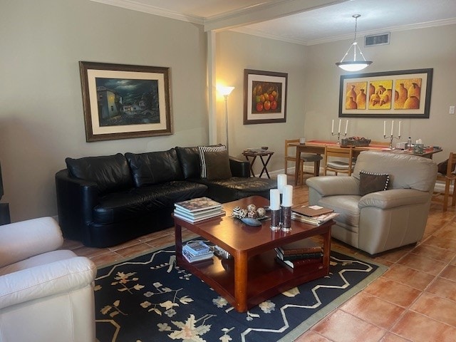 tiled living room featuring ornamental molding