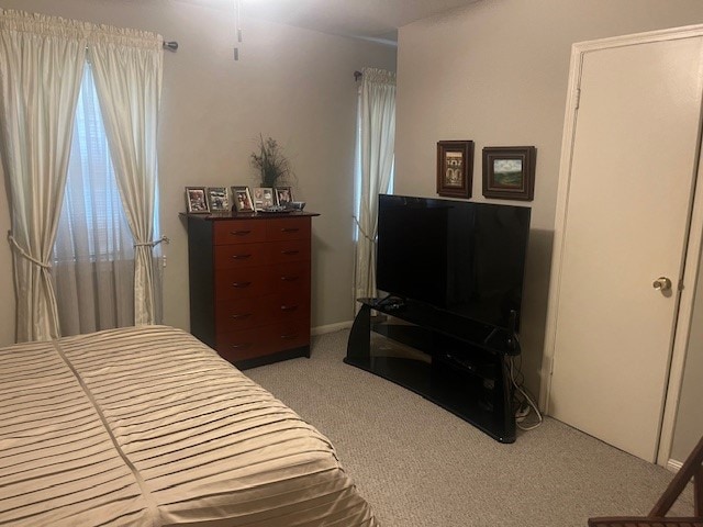 bedroom featuring light colored carpet