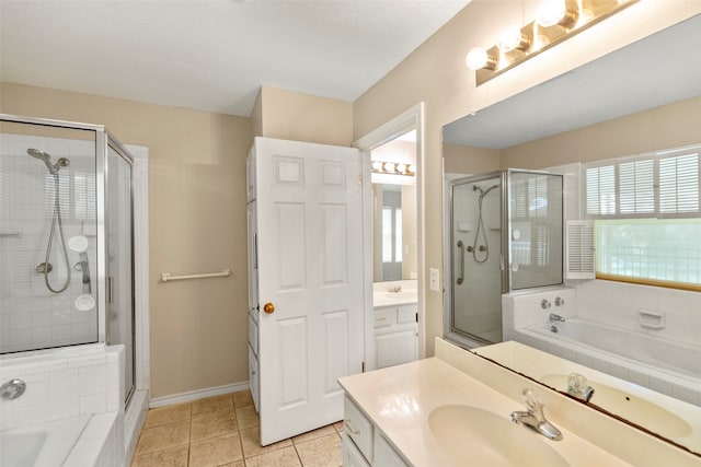 bathroom featuring vanity, separate shower and tub, and tile patterned floors