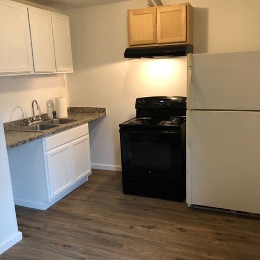 kitchen with sink, white cabinetry, dark hardwood / wood-style floors, electric range, and white fridge