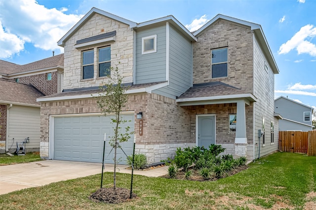 view of front of property with a garage and a front lawn