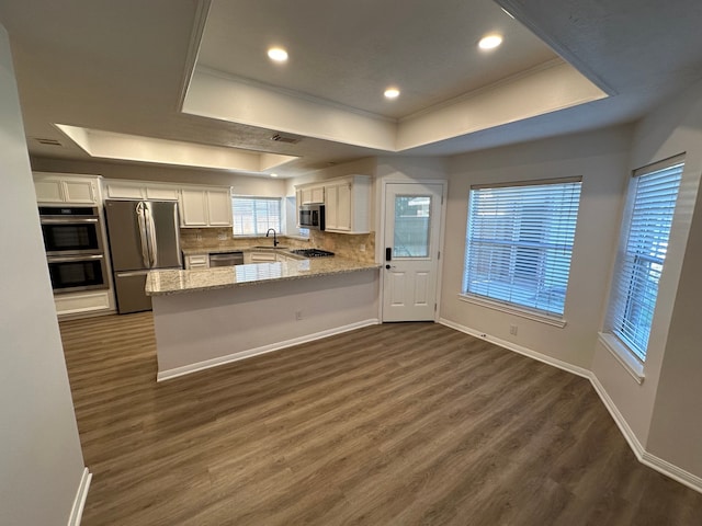 kitchen with white cabinetry, kitchen peninsula, stainless steel appliances, and a tray ceiling