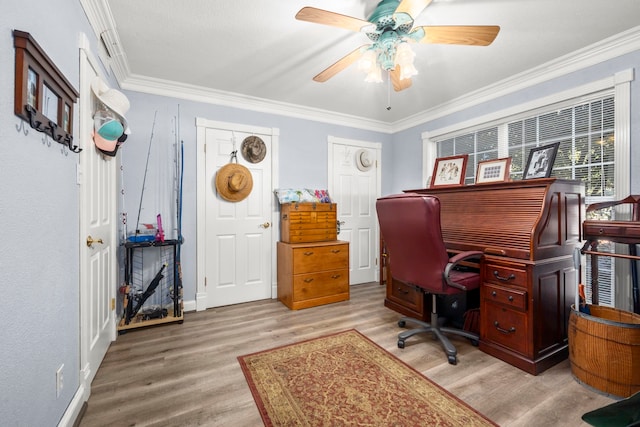 office space with crown molding, ceiling fan, and light hardwood / wood-style flooring