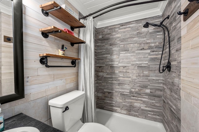 bathroom featuring tile walls, shower / tub combo, crown molding, and toilet