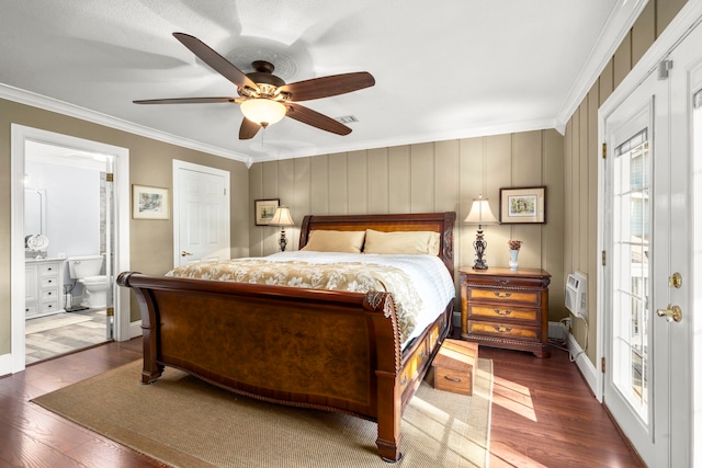 bedroom featuring wood-type flooring, crown molding, ensuite bath, and ceiling fan