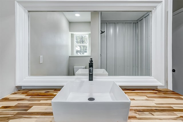 bathroom with hardwood / wood-style flooring and sink