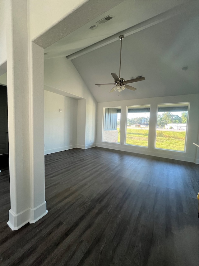 interior space featuring vaulted ceiling, dark hardwood / wood-style floors, and ceiling fan