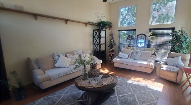 living room with a towering ceiling, dark hardwood / wood-style floors, and ceiling fan