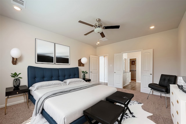 bedroom featuring ceiling fan and carpet flooring