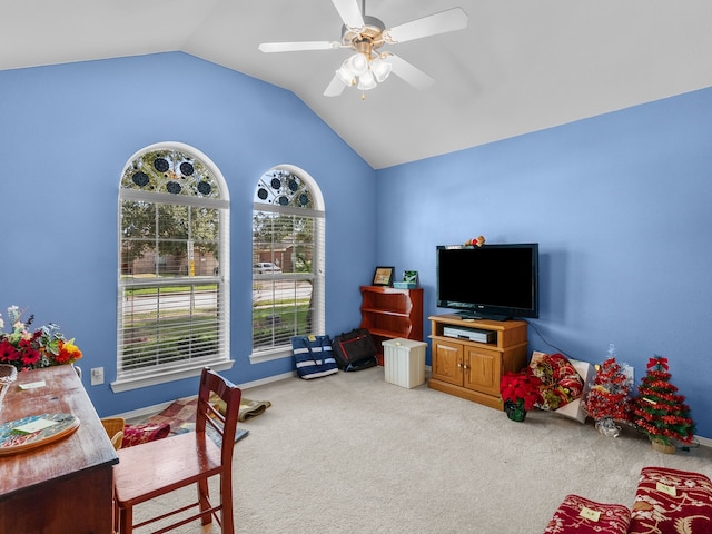 recreation room with lofted ceiling, carpet, and ceiling fan